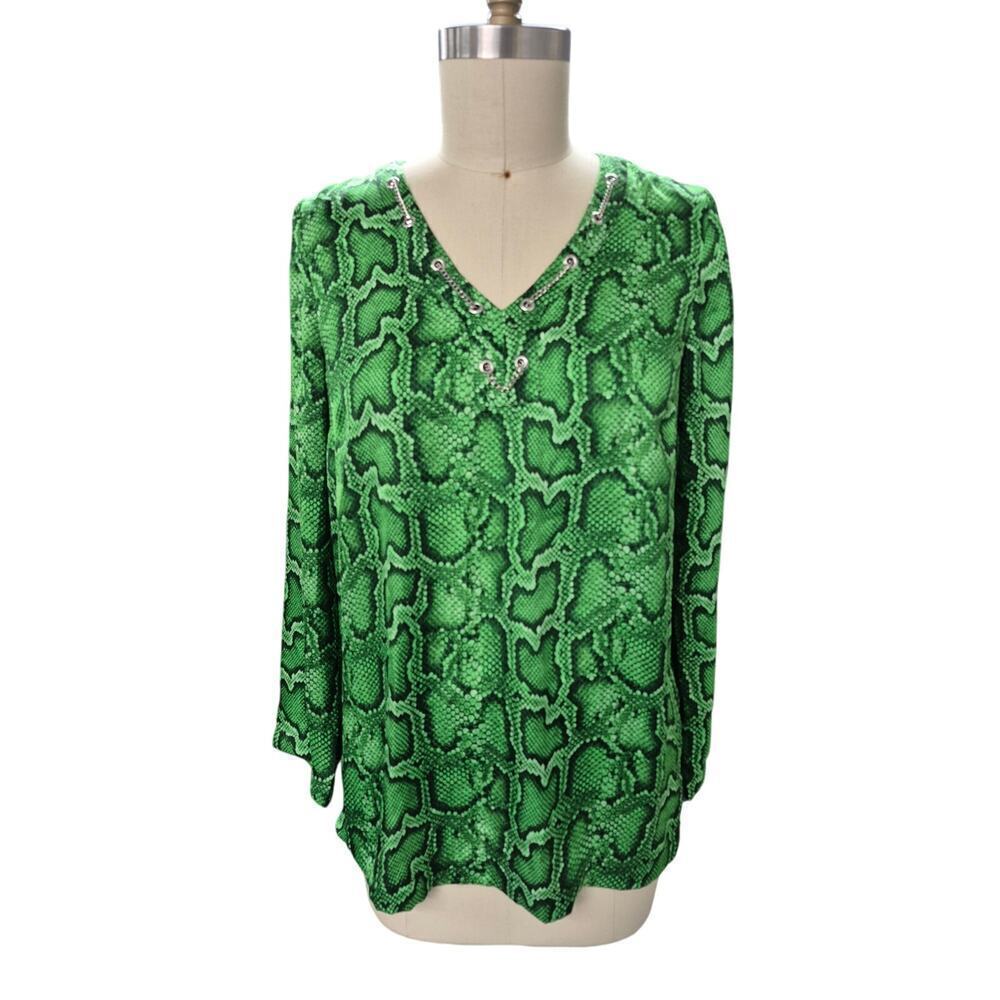 Michael Kors V-neck Python Print Green Tunic M Long Sleeve Silver Chain NWOT